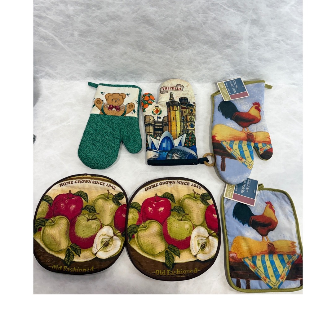 Vintage Kitchen Oven Mitt Pot Holder Lot Rooster Apple Valencia Teddy Bear 6pc